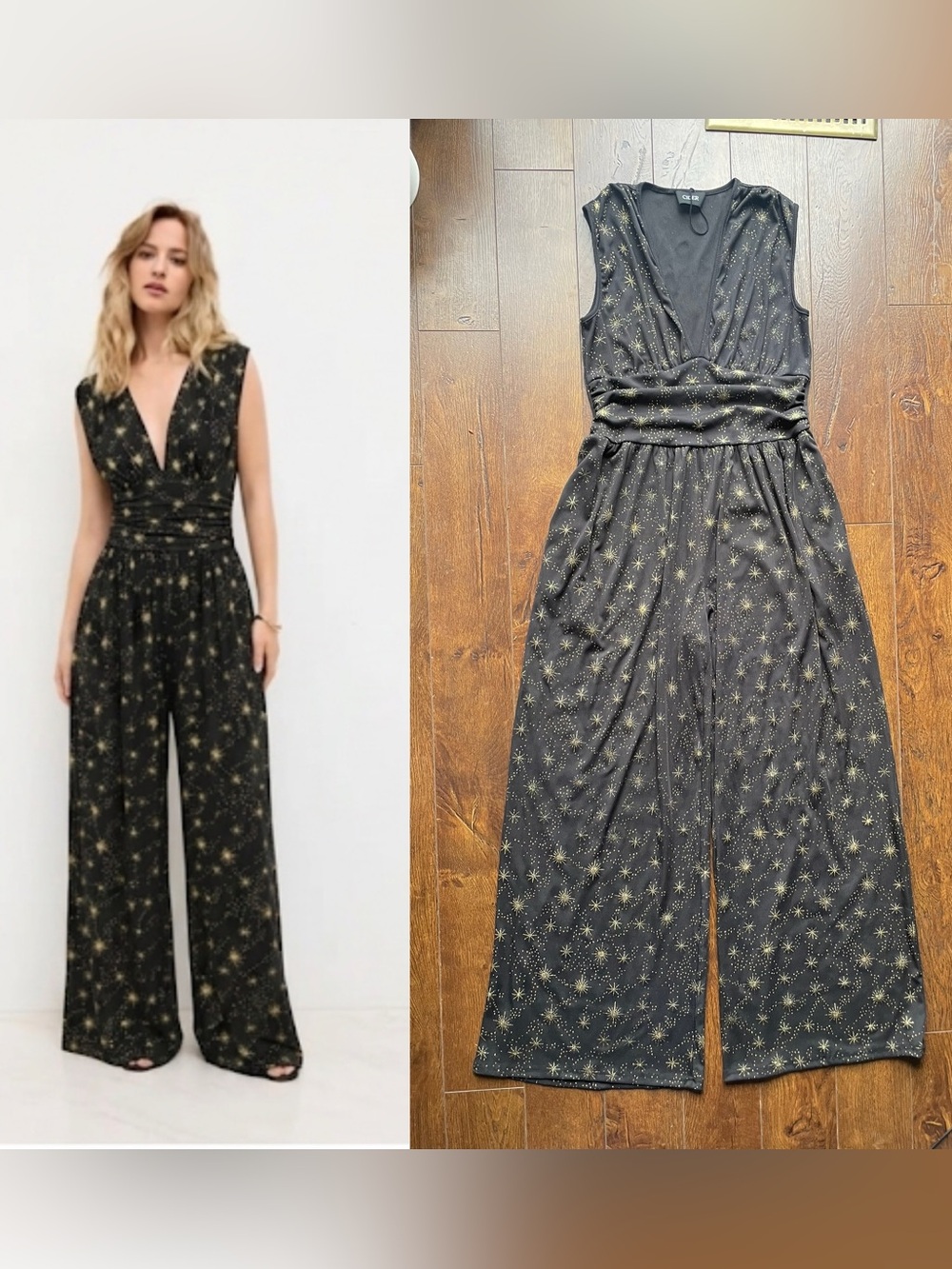 NOT FOR SALE Rib Knit V-Neck Waist Cinched Wide Leg Jumpsuit With Gold Stars.